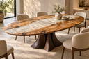 Oval camphor epoxy table in a neutral dining room