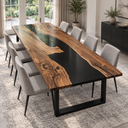 Angled view of a black walnut dining table with a wide glossy black epoxy resin river