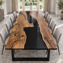 End view showing an irregular black walnut projection extending into a broad black epoxy resin channel
