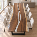 Elevated end view of a walnut dining table with a narrow clear epoxy resin river