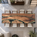 Overhead horizontal view of a black walnut dining tabletop with sweeping grain and gold-toned patterns along black epoxy resin channels.