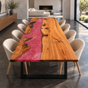 Front view of an olive wood dining table with a rose pink epoxy resin river