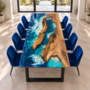 Elevated end view of a walnut dining table with blue epoxy resin and white shoreline wave details