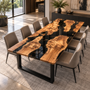 Olive wood dining table with glossy black epoxy resin and natural wood islands, shown from an elevated corner angle.
