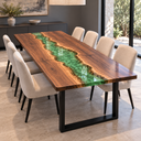 Green Epoxy Resin River Dining Table with Natural Walnut Grain