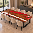 Side corner view of flowing walnut grain and red and white epoxy resin bands