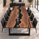 End view showing the winding black epoxy resin river between broad black walnut sections