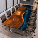 Walnut and Blue Epoxy Resin Conference Table for Office Conference Rooms