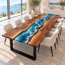 Angled view of a walnut dining table with a turquoise epoxy resin river and white wave patterns