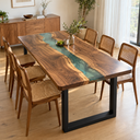 Rectangular Walnut Wood Transparent Green Epoxy Resin Dining Table