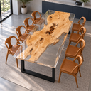 Diagonal view of a rectangular clear epoxy resin dining table highlighting the irregular edges and natural grain of the poplar wood.