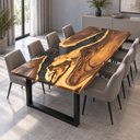 Angled view of a walnut dining table with winding black epoxy resin and golden wood contours
