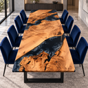 End view of a rectangular poplar dining table with broad golden wood sections and winding black epoxy resin.