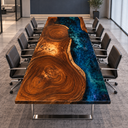 Walnut and Blue Epoxy Resin Conference Table for Office Conference Rooms
