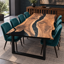 Front corner view of natural black walnut contours and glossy black epoxy resin