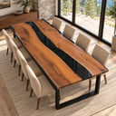 High corner view of two black walnut sections separated by a black epoxy resin channel