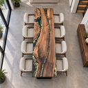Overhead lengthwise view of the rectangular black walnut and black epoxy resin dining table with eight cream chairs.