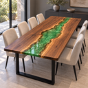 Green Epoxy Resin River Dining Table with Natural Walnut Grain