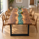 Rectangular Walnut Wood Transparent Green Epoxy Resin Dining Table