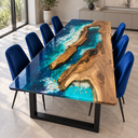 Angled view of natural walnut islands surrounded by turquoise and deep blue epoxy resin