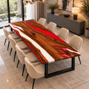 Elevated opposite corner view of a walnut and red and white epoxy resin dining table