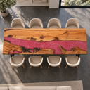Overhead horizontal view of an olive wood dining tabletop with a pink resin river