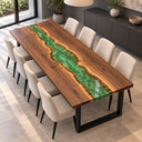 Green Epoxy Resin River Dining Table with Natural Walnut Grain