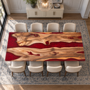 Overhead horizontal view of a walnut dining table with a red epoxy resin river