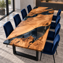 Elevated corner view of a poplar epoxy resin dining table showing golden grain and gray swirls within black resin.