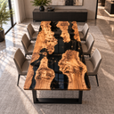 High-angle view of the rectangular olive wood dining tabletop with branching black epoxy resin channels.