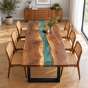 Rectangular Walnut Wood Transparent Green Epoxy Resin Dining Table