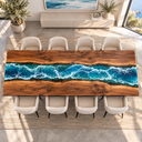 Overhead horizontal view of a walnut tabletop with a turquoise epoxy resin river