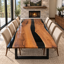 Front view of a rectangular black walnut and black epoxy resin dining table near a stone fireplace
