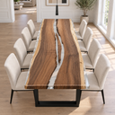 Front view of a rectangular walnut and clear epoxy resin dining table with cream chairs