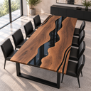 Angled view of a black walnut dining table with a wavy black epoxy resin river and slender resin accents