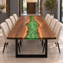 Green Epoxy Resin River Dining Table with Natural Walnut Grain