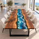 Front view of a walnut and ocean wave epoxy resin dining table with cream chairs