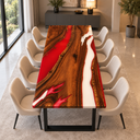 Front view of a rectangular walnut dining table with red and white resin rivers