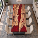 Overhead lengthwise view of flowing walnut grain surrounded by ruby red epoxy resin