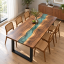 Rectangular Walnut Wood Transparent Green Epoxy Resin Dining Table