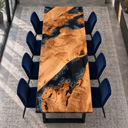 Overhead lengthwise view of the poplar dining tabletop with irregular wood contours and glossy black epoxy resin channels.