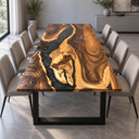 Front view of a rectangular walnut dining table with a winding black epoxy resin channel