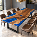 Angled view of a walnut dining table with blue epoxy resin borders and brown chairs
