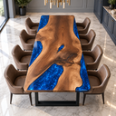 Elevated end view of a rectangular walnut and blue epoxy resin dining table