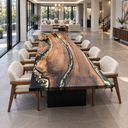 End view of a black walnut epoxy resin dining table highlighting broad wood sections and winding black resin channels.