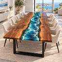 Opposite end view of a walnut dining table with blue-green epoxy resin and white wave details