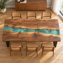 Rectangular Walnut Wood Transparent Green Epoxy Resin Dining Table