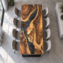 Overhead lengthwise view of natural walnut sections surrounded by black epoxy resin