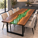 Green Epoxy Resin River Dining Table with Natural Walnut Grain