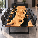 End view of a poplar dining tabletop with a broad golden center and dark blue epoxy resin channels